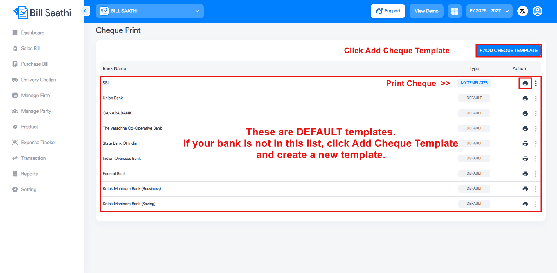 Step 3: Add Cheque Template - Bill Saathi cheque printing guide
