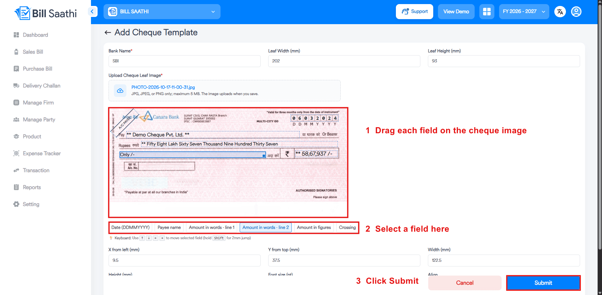 Step 5: Position the Cheque Fields - Bill Saathi cheque printing guide