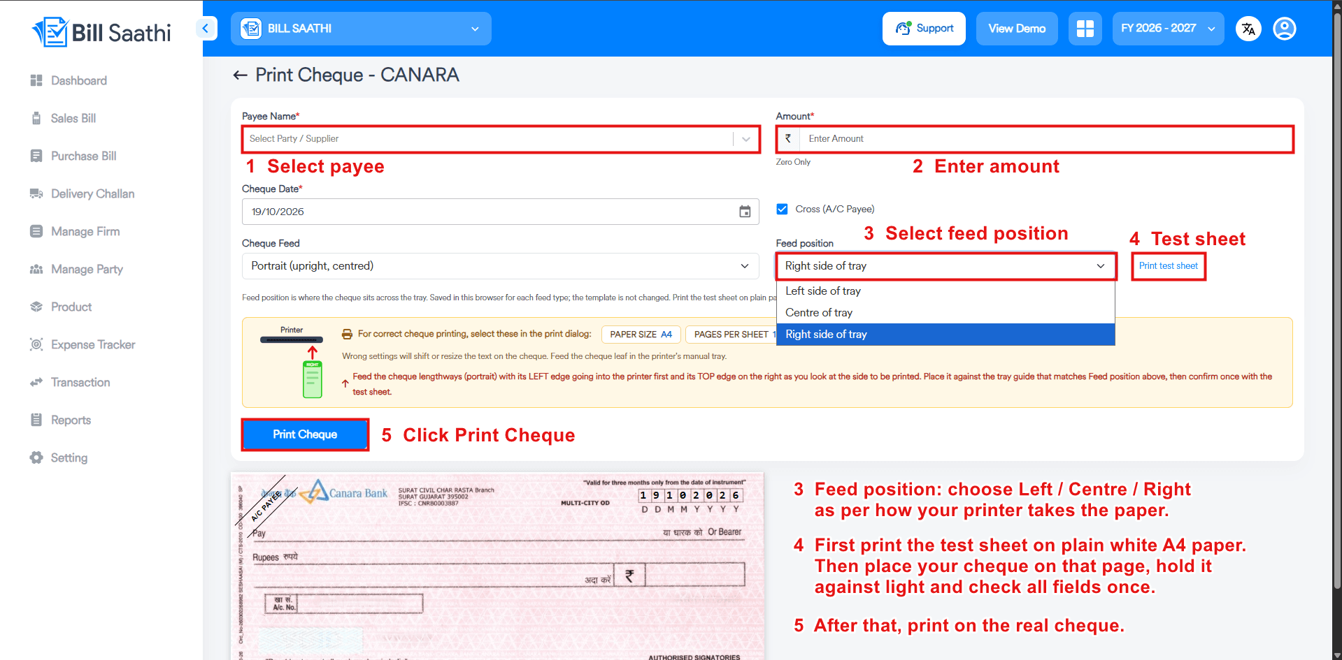Step 6: Fill Cheque Details - Bill Saathi cheque printing guide